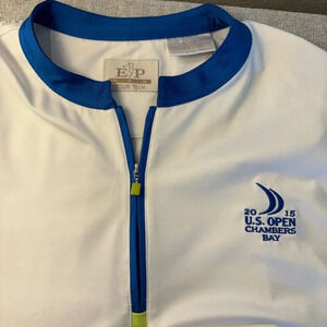 EP Pro Tour Tech Size XL‎ Ladies Golf Shirt. White and Blue with Green Stripe.
